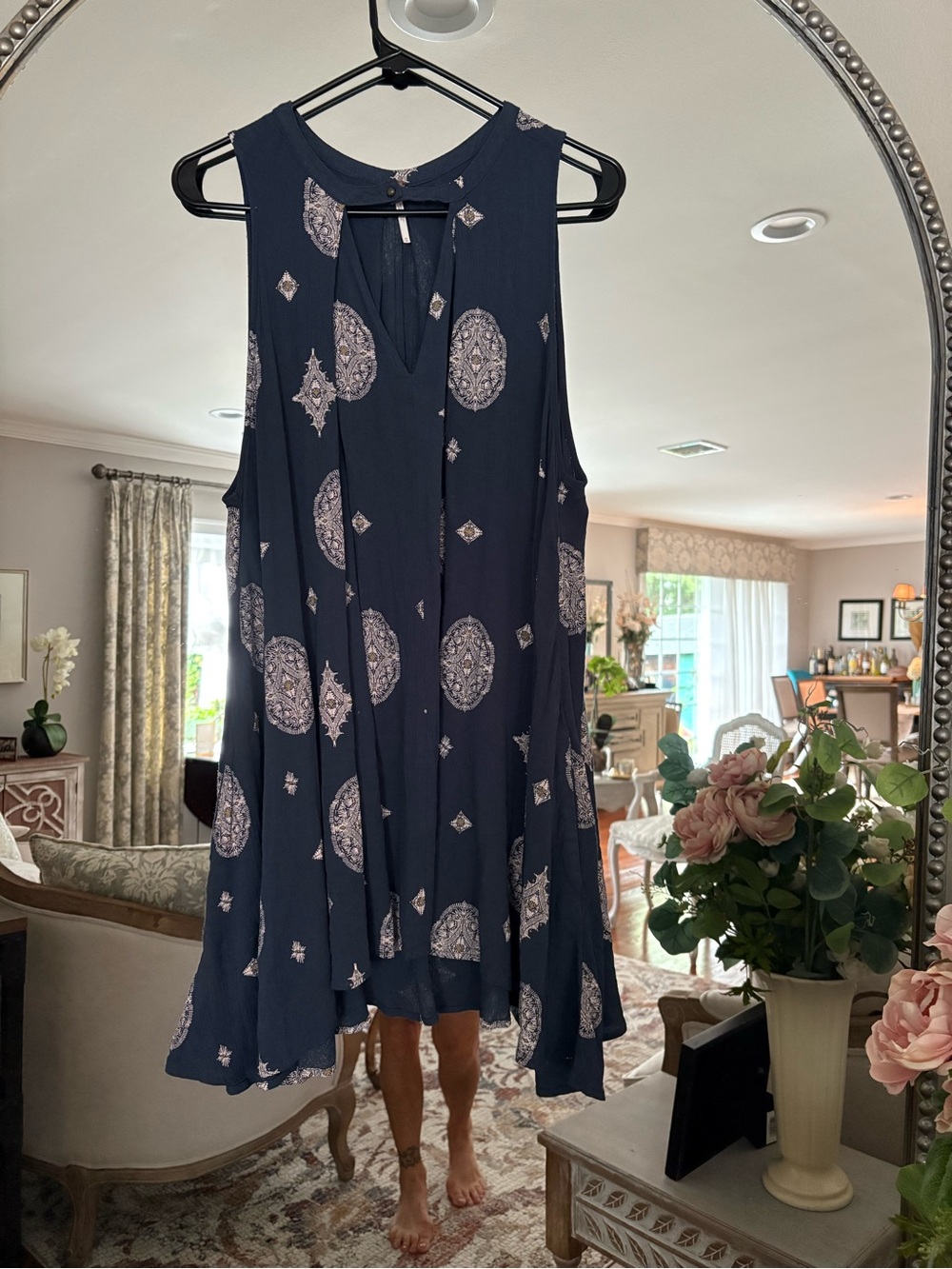 Free People Navy Textured Knit Top with Button Tab